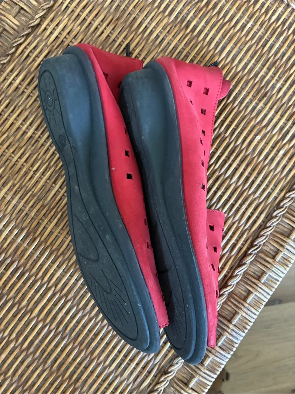 Sesto Meucci Red Perforated Suede open-toed shoes. Zipper in back at heel